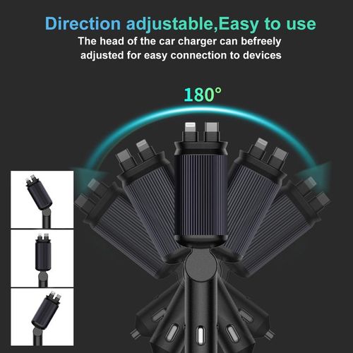 4 in 1 Retractable Car Charger,Double TypeC Fast Charging Adapter with Lightning Cable&Dual Charge Port Compatible