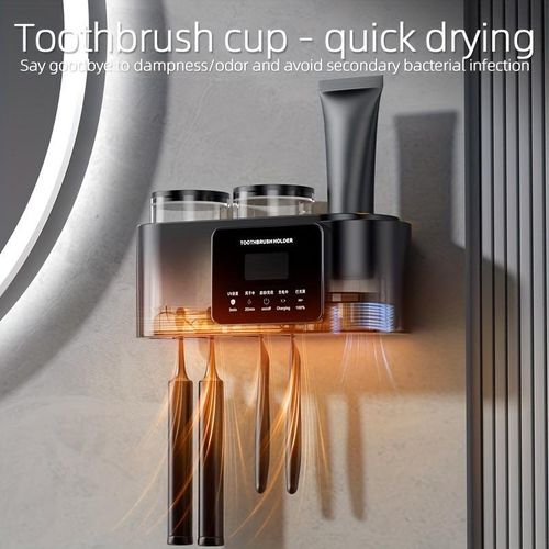 Wall Mounted Toothbrush Holder, 1 Count Rechargeable Smart Drying & Cleaning Toothbrush Holder with 2 Counts Cups, Bathroom Supplies for Home Dormitory Hotel Salon