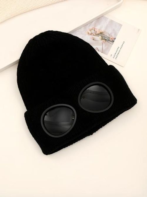 Unisex Solid Color Goggle Lens Design Beanie Hat, Casual Soft Comfortable Beanie for Fall & Winter, Fashion Accessories for Both Men & Women, Knitted Winter Hat
