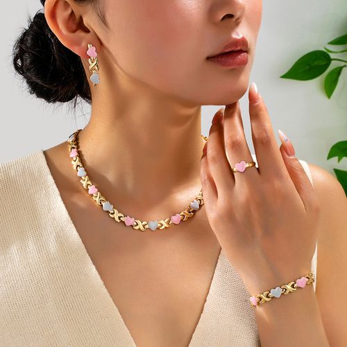Royal-Inspired Color XO Heart Necklace & Bracelet & Earrings Set, Matching Jewelry Set, Casual Style Metal Chain Design Jewelry for All Seasons, Complete Accessories Set