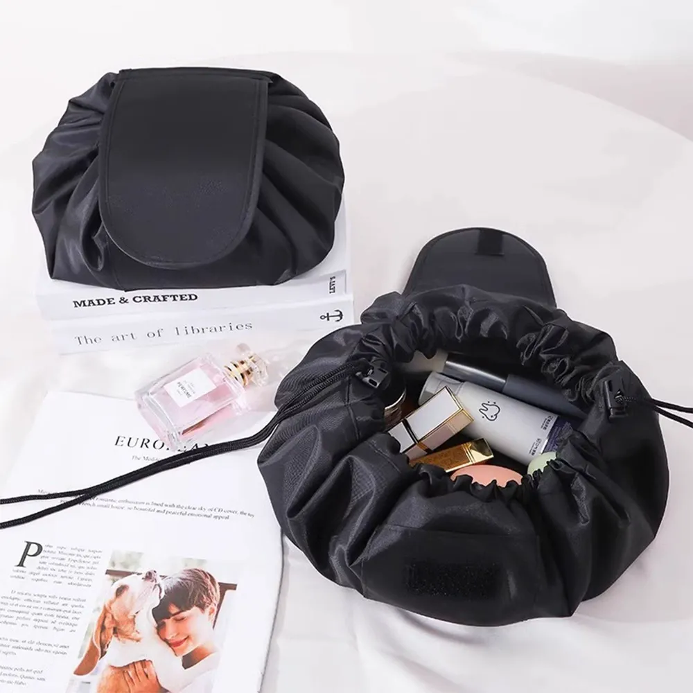 Hot selling lazy makeup bag | portable travel toiletries drawstring bag | new large capacity women's drawstring storage bag lazy makeup bag one draw into shape bag and small bead chain