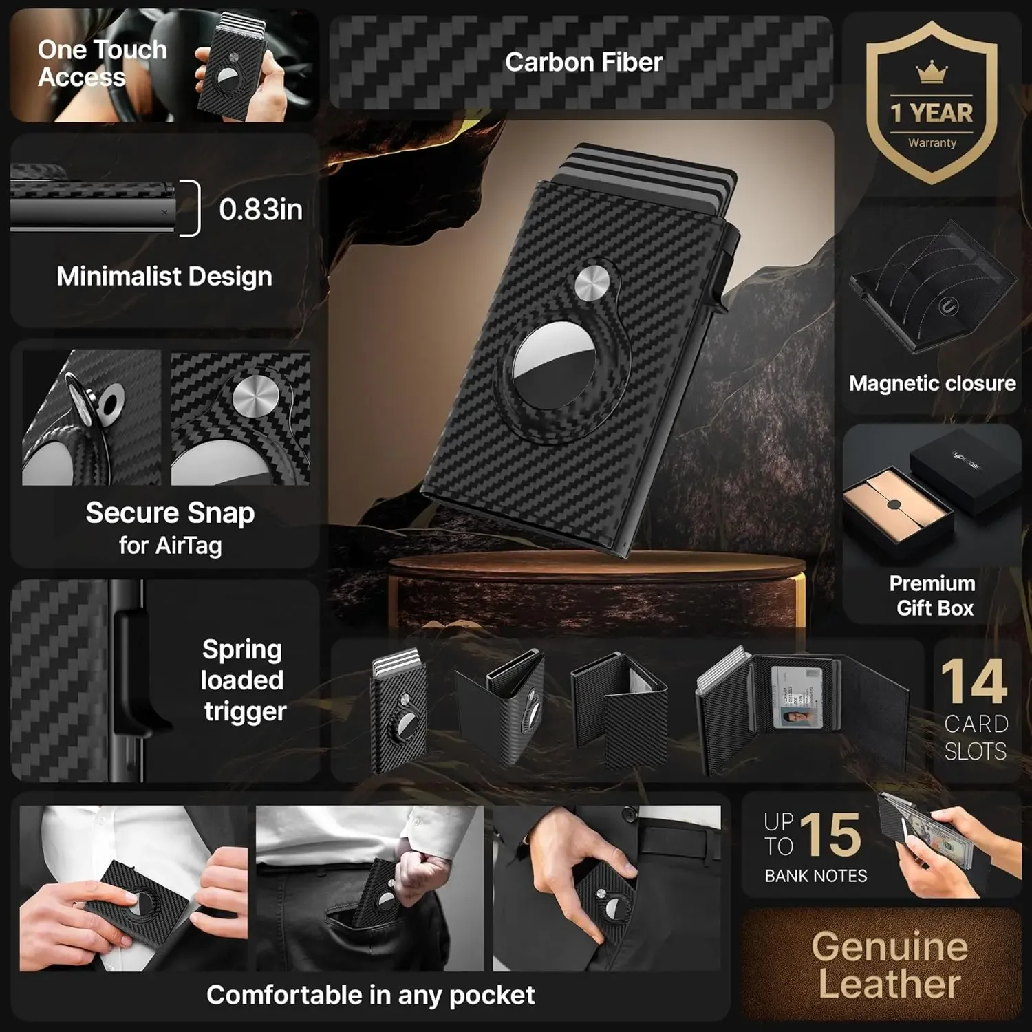 Wallet for Men Minimalist Pop Up Credit Card Case Holder 1-7 Cards, Smart Slim Wallet with Money Clip ID Window RFID Blocking Bifold Compact(Airtag Not Included) Wallets Gifts for Men