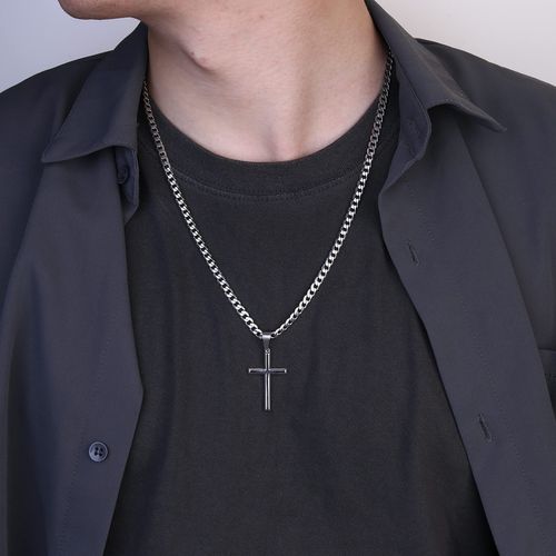 Cross Necklace for Men Women, 5mm 316L Stainless Steel Diamond-Cut Durable Figaro Link Chain or Cuban Link Curb Chain for Men, Mens Silver Crucifix Cross Pendant Necklaces Jewelry 23 Inches