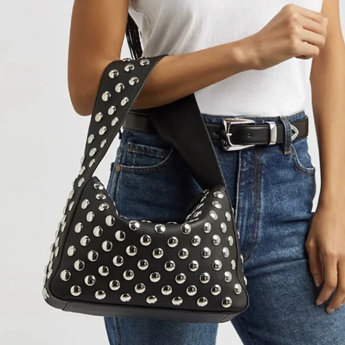 Women's Punk Inspired Studded Decor Handbag, Y2k Portable Tote Shoulder Bags, High-quality Daily Elegant Commuter Bag Purse, Trendy Shoulder Bags, Elegant Bags, Ladies Casual Trendy Purses