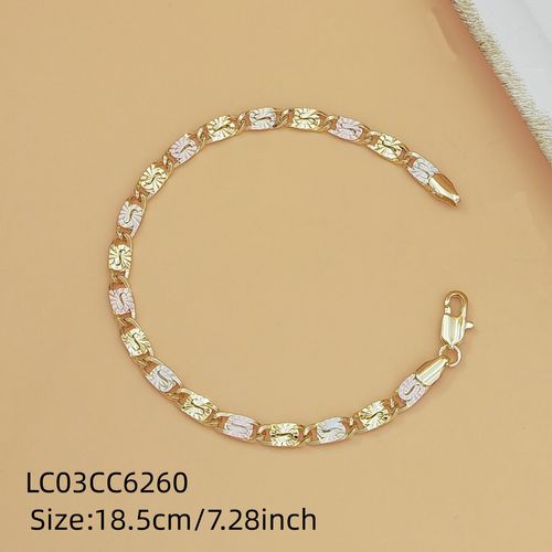 1pc 14K Gold Tri-Color Mariner Link Bracelet for Women – Polished Floral Engraved Three Tone Gold Chain Bracelet, Dainty Jewelry Gift for Her
