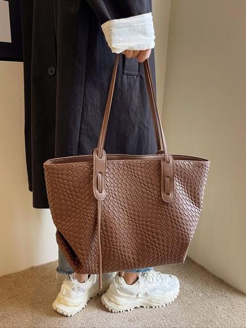 Women's Solid Color Braid Design Tote Bag, 25 fall&winter Fashionable Large Capacity Shoulder Bag for Daily Life, Casual Trendy Versatile High-quality Daily Commuting Bag