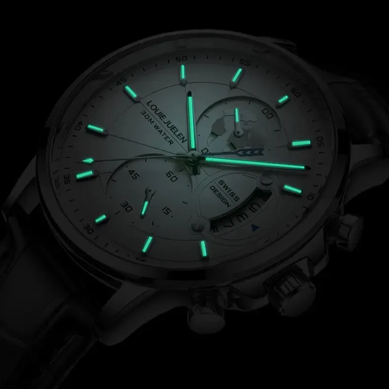 Elegant Men's Watch: Globe Design, 30m Water Resistance, Luminous Dial, Calendar & Chronograph | Stylish for Day & Business | Classic Timepiece