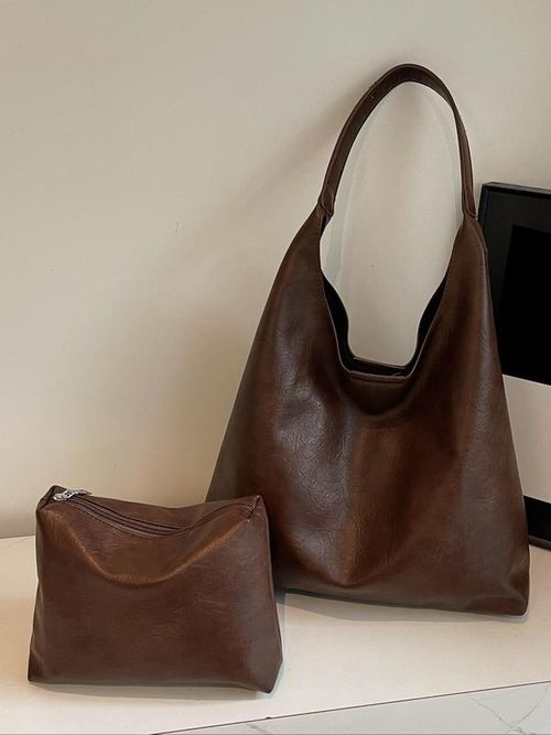 Women's Elegant Solid Color Shoulder Bag & Makeup Bag, Fashionable Large Capacity Tote Bag & Wallet, Casual Trendy Versatile Daily Commuting Bag Set, Elegant Commuter Bag