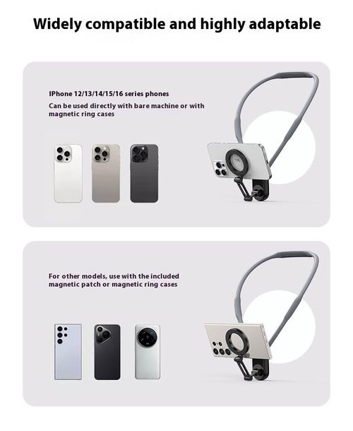 Magnetic Neck Mount for Phones - Hands Free POV Vlog Holder Chest Strap, Compatible with iPhone 16 15 14 13 Android Action Cameras Smartphone Accessories
