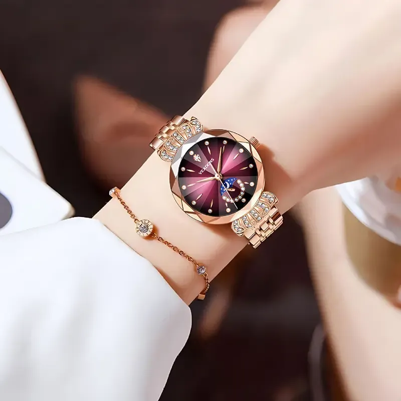 Luxurious Ladies' Jewelry Watch — Diamond-Cut Crystal, Stainless Steel Case, Water-Resistant Design, Sun, Moon, and Stars Motif. An Elegant Timepiece—The Perfect Gift for Her (Watch Box Not Included).