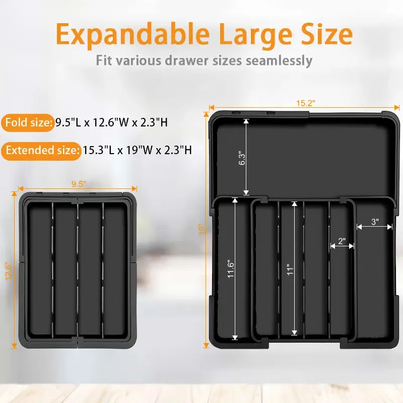 Silverware Organizer Expandable Kitchen Utensil Drawer Organizer with 9 Compartment Large Cutlery Organizer Tray for Forks Knives 13 to 22 W 14.5 to 19 L