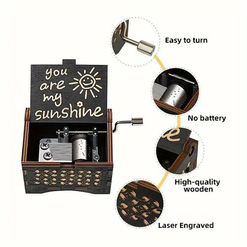 'You Are My Sunshine' Letter Pattern Music Box - Hand Crank Wooden Laser-Engraved Vintage Music Box - Ideal Gift for Birthdays, Anniversaries & Weddings