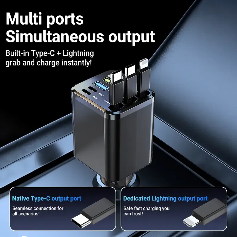 Super Fast Car Charger: QC3.0&PD2.0,120W Max,3 Retractable Cables + 4 Ports | 7-in-1,Smart Chip & LED Voltage Display | Universal Charging Solution for iPhone & AndroidThe Ultimate Road Trip Companion
