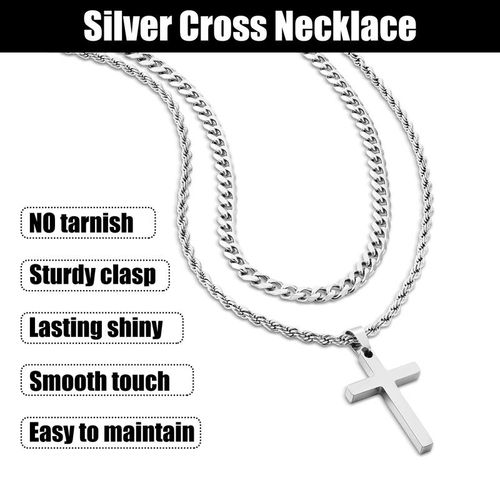 Cross Necklace for Men, Layered Mens Cross Necklaces Stainless Steel Cross Pendant Cuban Link Rope Chain