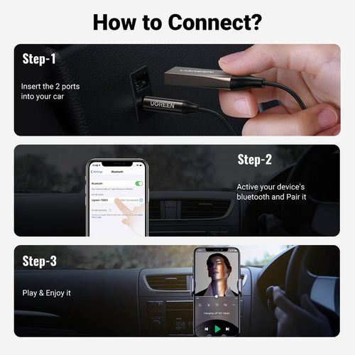 UGREEN Aux to Bluetooth 5.4 Adapter Wireless Receiver for Car Hands-Free with Built-in Microphone AUX 3.5mm Stereo Audio - Dealsforyourdays Auxiliary Cord Grey