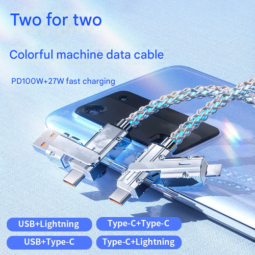 4-in-1 RGB Gradient Charging Cable | Zinc Alloy | Super Fast Charge | Dual-Port LED Light | Multi-Device Compatibility