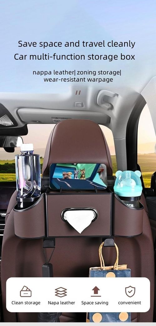 Car Organizers and Storage Box, Multifunctional Car Seat Back Storage Box with Tissue Holder, 2 Cup Holders & Bags Hooks, Back Seat Car Organizer for family and Travel