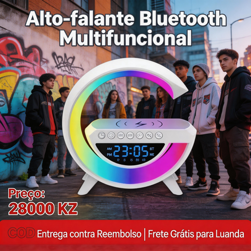 Alto-falante Bluetooth Multifuncional 5 em 1 | Luz de Ambiente RGB + Carregamento Sem Fio 5W + Relógio com Alarme | Frete Grátis Luanda COD 28000KZ