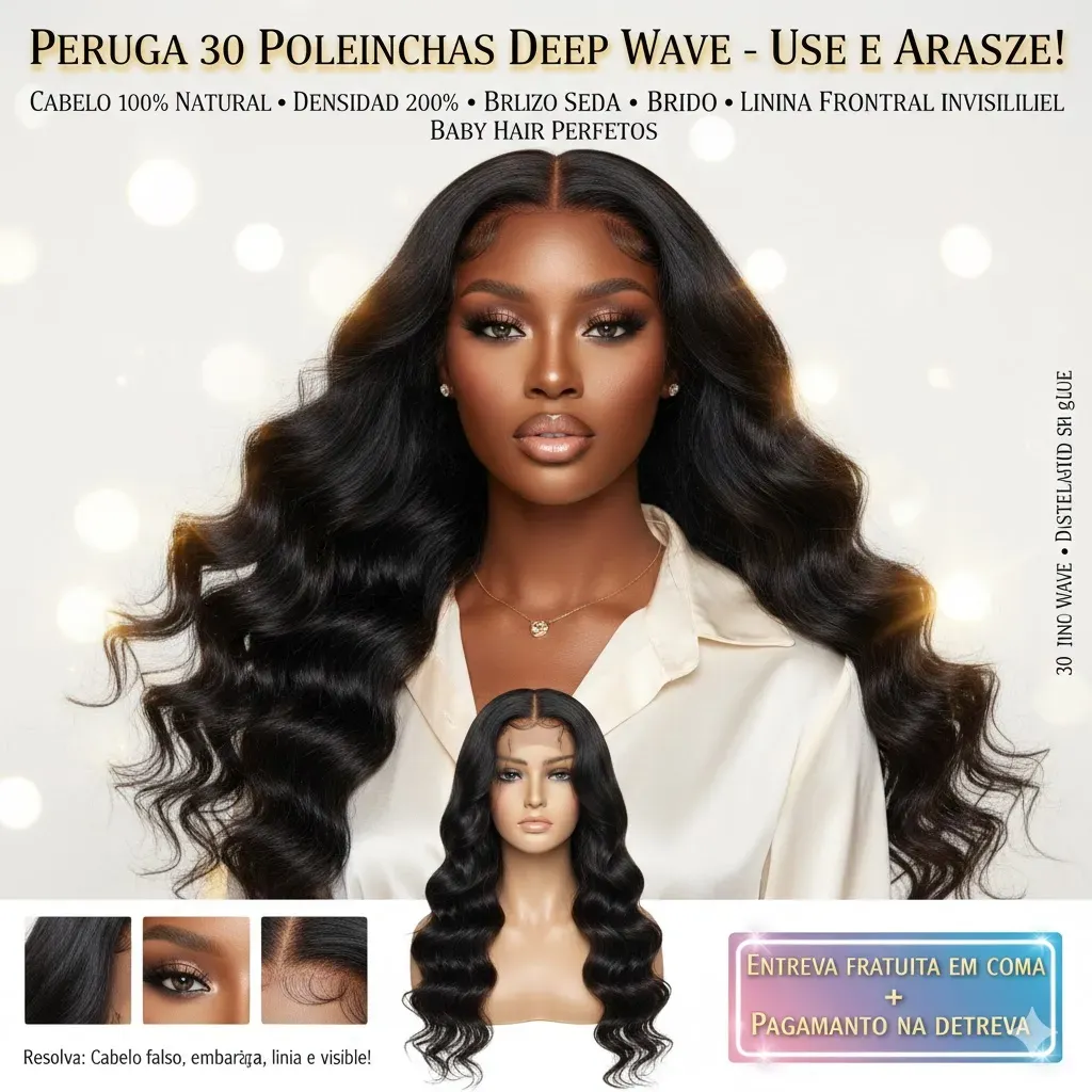 🔥 Peruca TESLAL Sem Cola HD Lace 6x6x1, 180% Densidade, Ondas Naturais, Ajustável, Macia e Barata