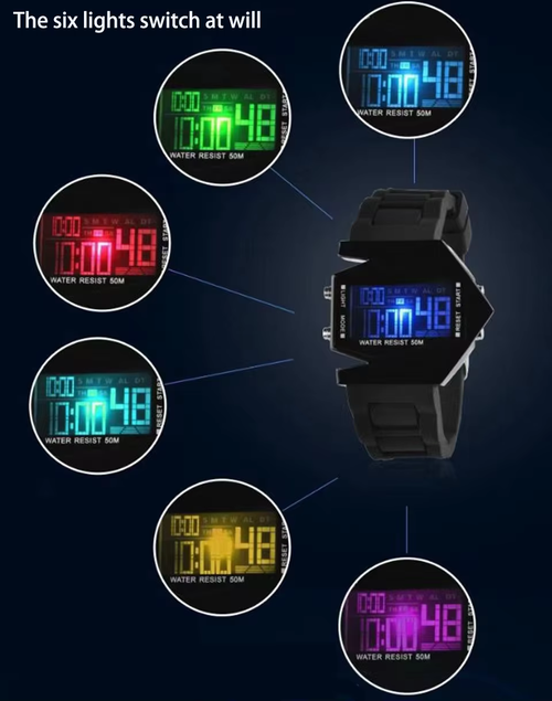 A self-luminous LED watch in the shape of a creative aircraft
