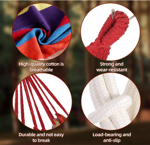 Camping hammock suitable for backyard hanging, sturdy garden, comfortable fabric, indoor tree straps, up to 600 lb load capacity, comes with travel bag, portable outdoor patio suitable for camping.