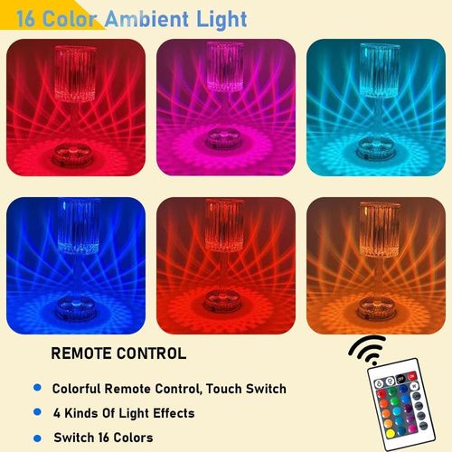 Portable 16 Colors Crystal Table Lamp, Touch Control 3-Levels Brightness Rechargeable Lamp