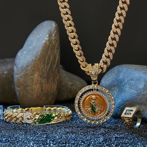 Men's Creative Rotating Pendant Jewelry Set Personality Alloy Rhinestone Jesus Bracelet Hip Hop Necklace
