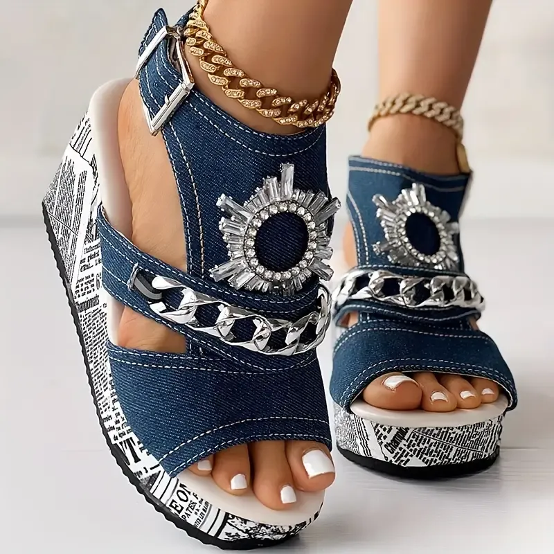 Women's Chain & Rhinestone Decor Sandals, Slingback Peep Toe Ankle Strap Buckle Wedge Shoes, Summer Platform Sandals