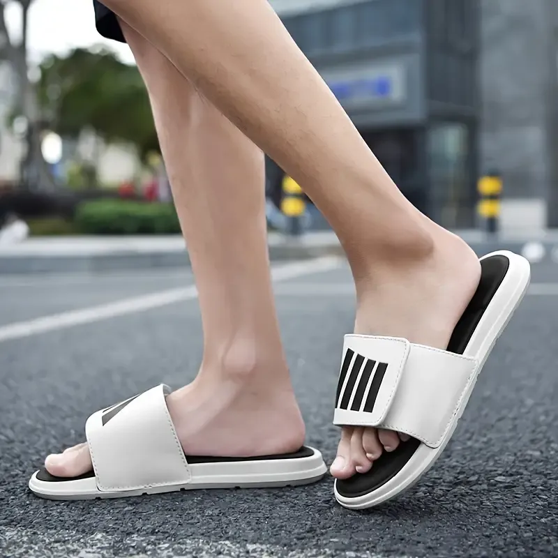 Men's Trendy Color Block Open Toe Breathable Slippers With Hook & Loop Fastener, Comfy Non Slip Durable Soft Sole Slides, Men's Footwear