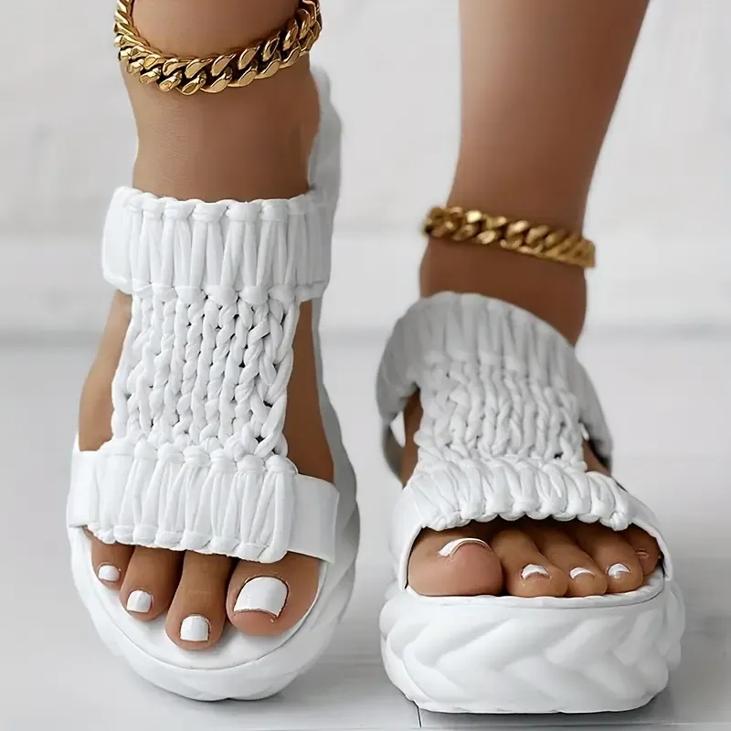 Soft Sole Women's Solid Color Braided Sandals, Slip On Platform Daily Shoes for Summer Comfy Slides