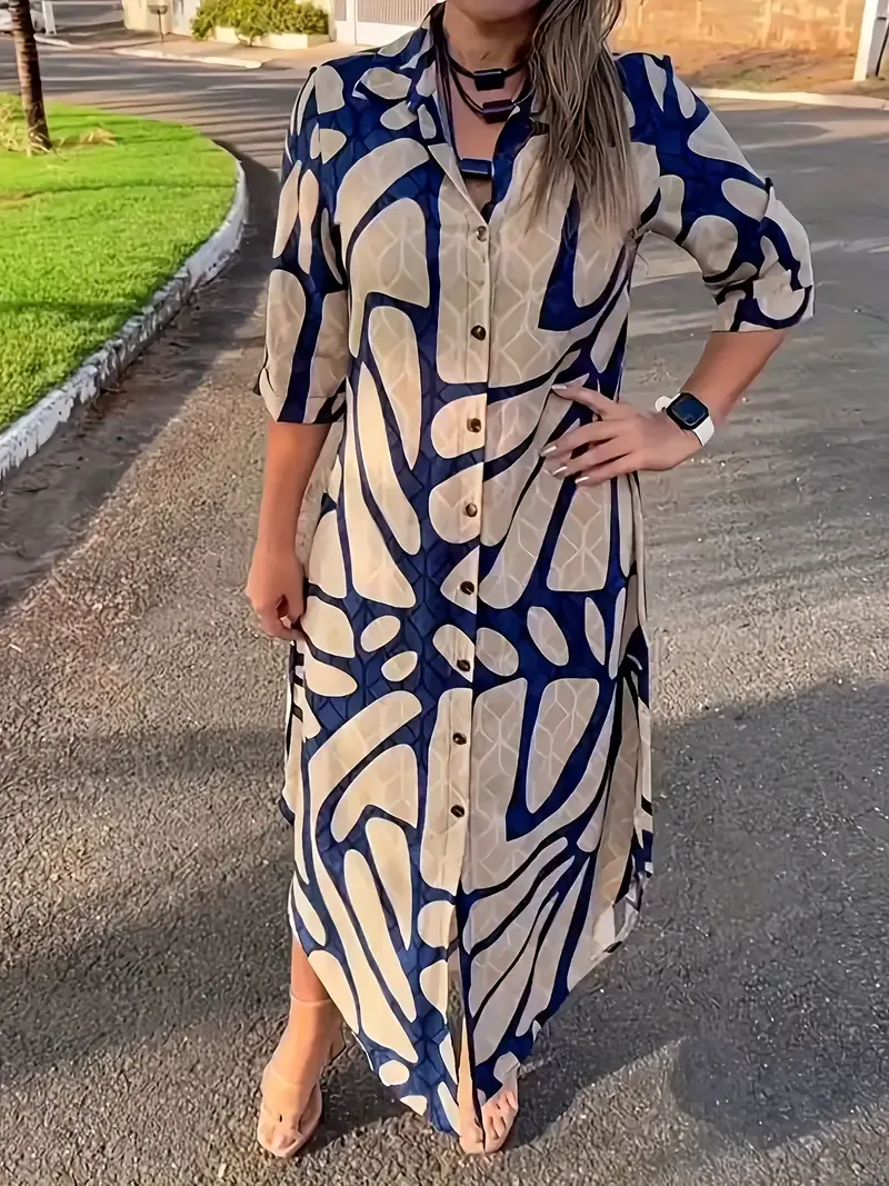 Vibrant Allover Print Long Sleeve Shirt Dress - Elegant