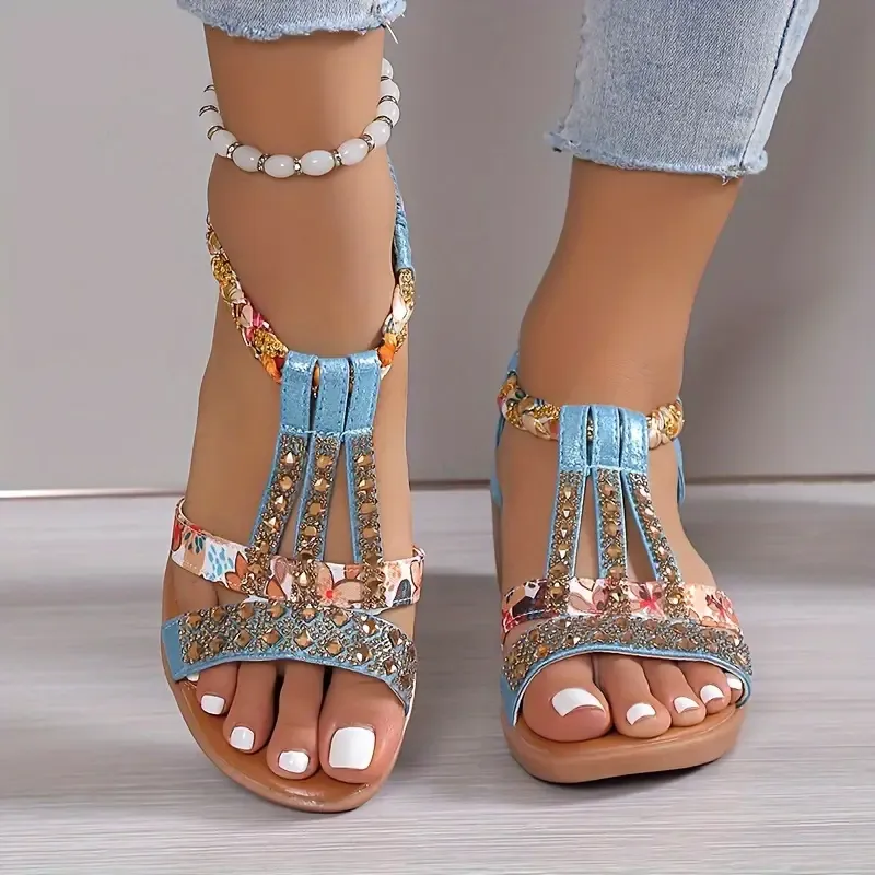 Women's Rhinestone Pattern Sandals, Slip On Soft Sole Platform Comfy Boho Shoes, Vacation Non-slip Beach Wedge Shoes