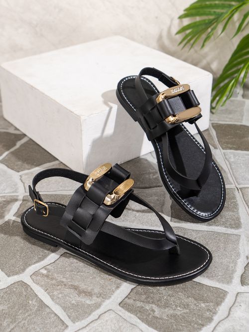 Lightweight Flat Women's Sandals, Solid Color Ankle Buckle Strap Beach Shoes with Metallic Buckle Clip Toe for Vacation