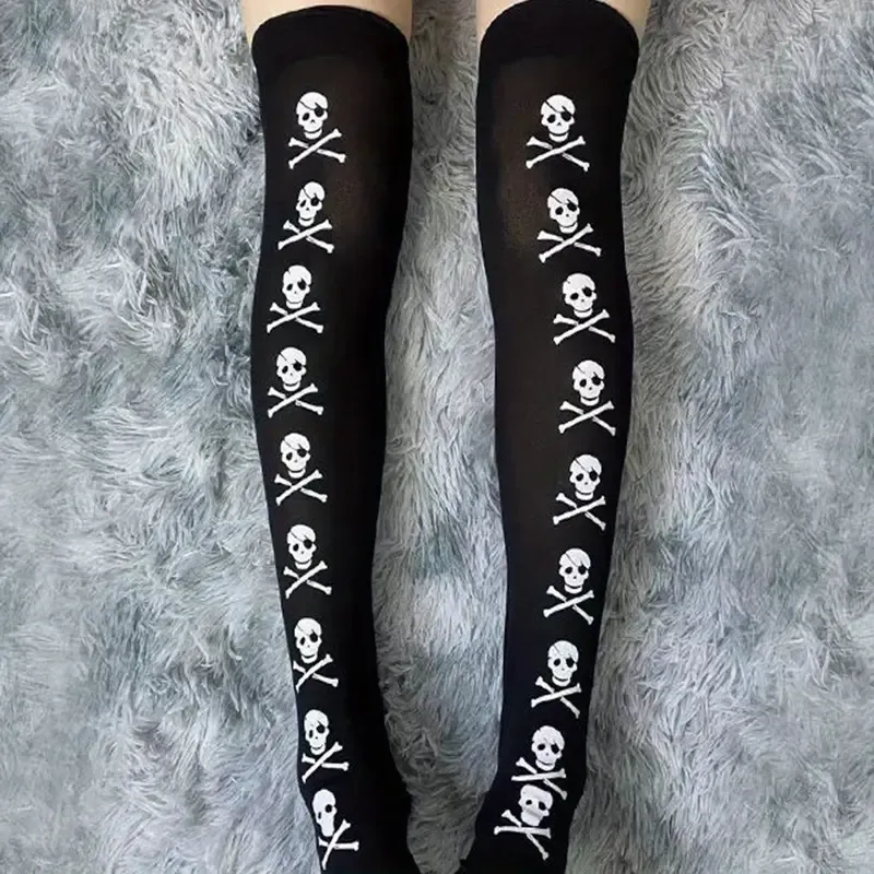 Skull Print Thigh High Socks