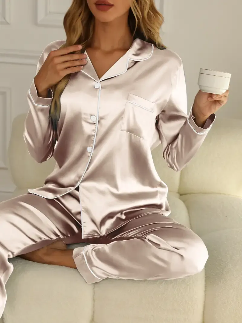 Solid Pajama Set, Long Sleeve Button Up Lapel Top & Pants Pj Set, Women's Sleepwear & Loungewear