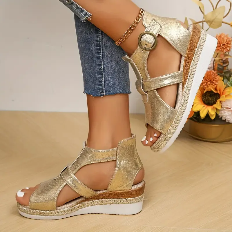 Women's Wedge Heeled Sandals, Casual Open Toe Platform Sandals, Comfortable Buckle Strap Sandals