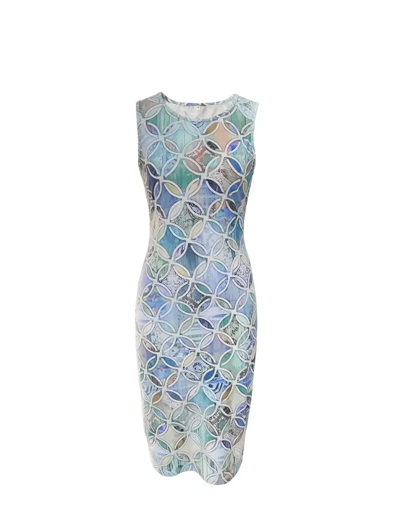 Elegant Two Piece Set, Outwear & Geo Pattern Crew Neck Tank Dress, Women's Clothing