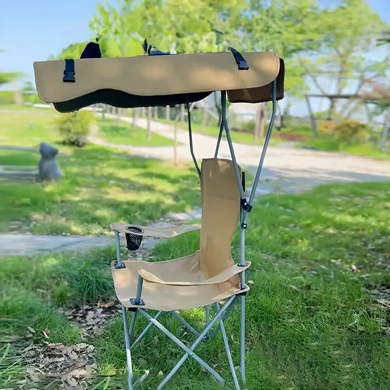 Foldable Camping Chair with Sunshade and Armrest – Outdoor Portable Fishing & Picnic Chair, Adult Steel Bracket, Durable Oxford Fabric Seat, Cup Holder – Leisure Chair for BBQ & Camp Activities