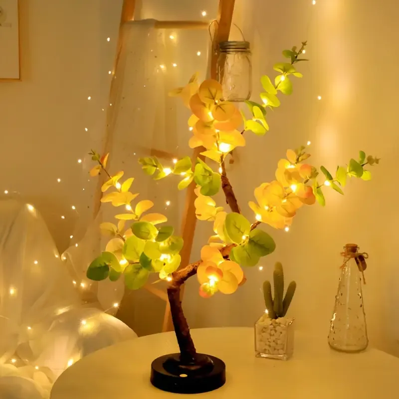 Bonsai Eucalyptus LED Tree Lamp - DIY Tabletop Decor, USB Battery Powered, Warm White Light for Living Room & Bedroom Aesthetics, Perfect Gift