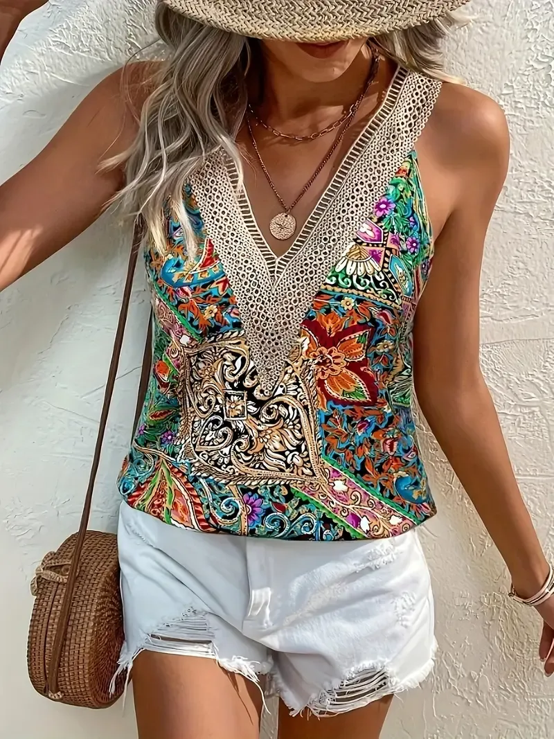 Paisley Print Lace Trim V-neck Tank Top, Vacation Style Sleeveless Top For Spring & Summer, Women's Clothing