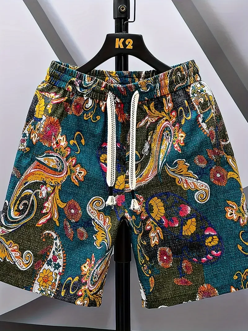 Classic Men's Shorts With Drawstring And Pockets, Novel And Trendy Floral Pattern Casual Shorts For Summer Street And Holiday Wear
