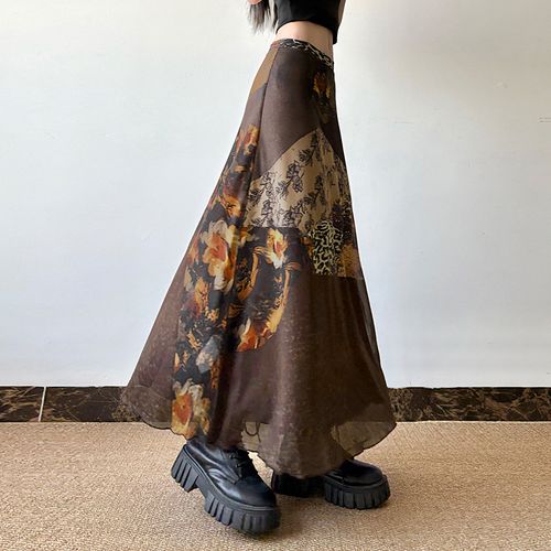 Retro print color-blocked net fabric patchwork low-waist straight A-line midi skirt in long length