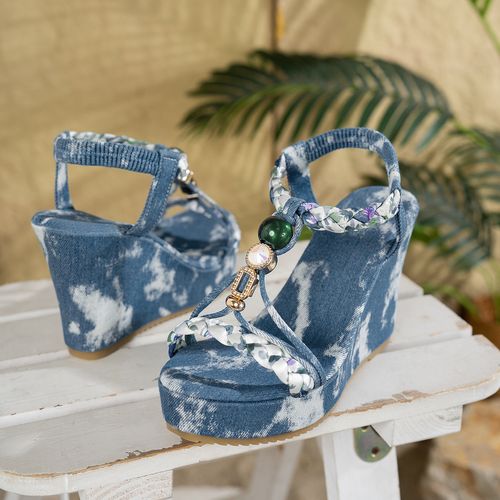Slope-heeled pearl-colored sandals