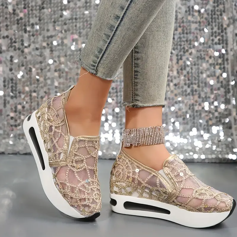 All-Season Fashion Sneakers for Women with Sequins, Breathable Hollow-Out Lace Pattern, Comfortable Slip-On Low Top Casual Shoes with Rubber Sole and Fabric Lining