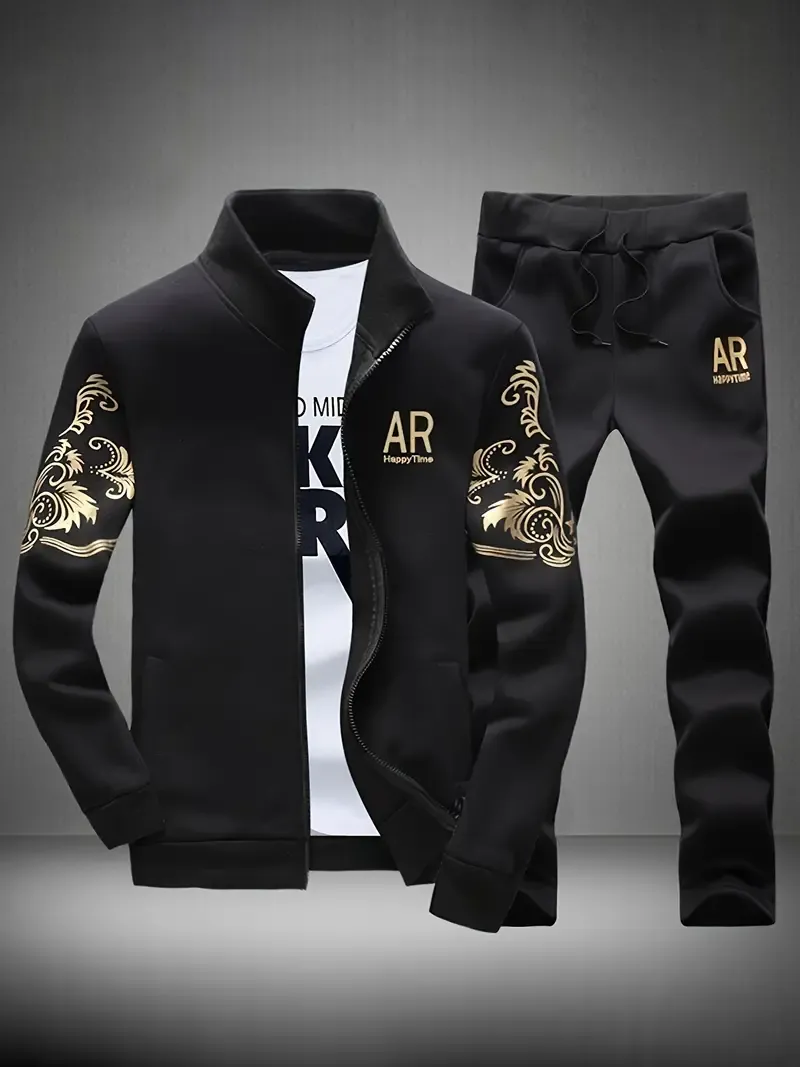 Men's Casual 2-Piece Outfit, Fashion Printed Full Zip Jacket & Drawstring Pants, Breathable Comfy Sports Set