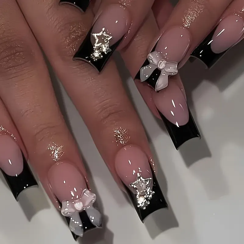 French black edge sparkling star butterfly nail stickers