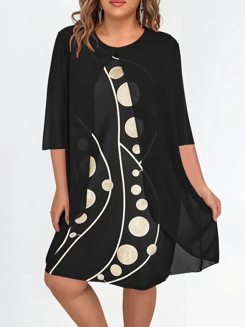 Abstract Print Layered Dress, Elegant Crew Neck Dress, Women's Clothing
