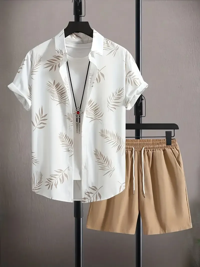 Men's Tropical Plants Print Short Sleeve Shirt & Shorts Set For Summer, Casual Trendy Hawaiian 2Pcs Outfits