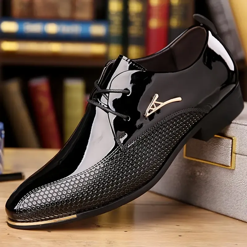 Plus Size Men's Solid Colour Plain Toe Faux Patent Leather Upper Dress Shoes, Comfy Non Slip Durable Rubber Sole Formal Shoes