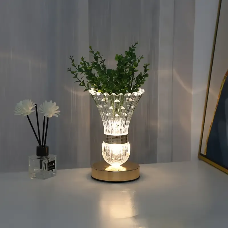 Dimmable Crystal Vase Decorative Lamp with 3-Color Mode, LED Lights, USB Charged, Rechargeable Lithium Battery, Touch-Controlled Bedside Table Light with PP Material, Multi-Functional Home Decor Accent (1pc)